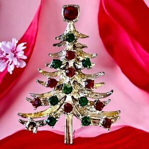 MYLU Vintage Christmas Tree Pin Brooch SilverTone Red & Green Rhinestones
